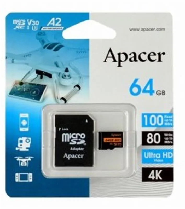 Карта пам`ятi MicroSDXC  64GB UHS-I/U3 Class 10 Apacer (AP64GMCSX10U8-R) + SD адаптер - зображення 1