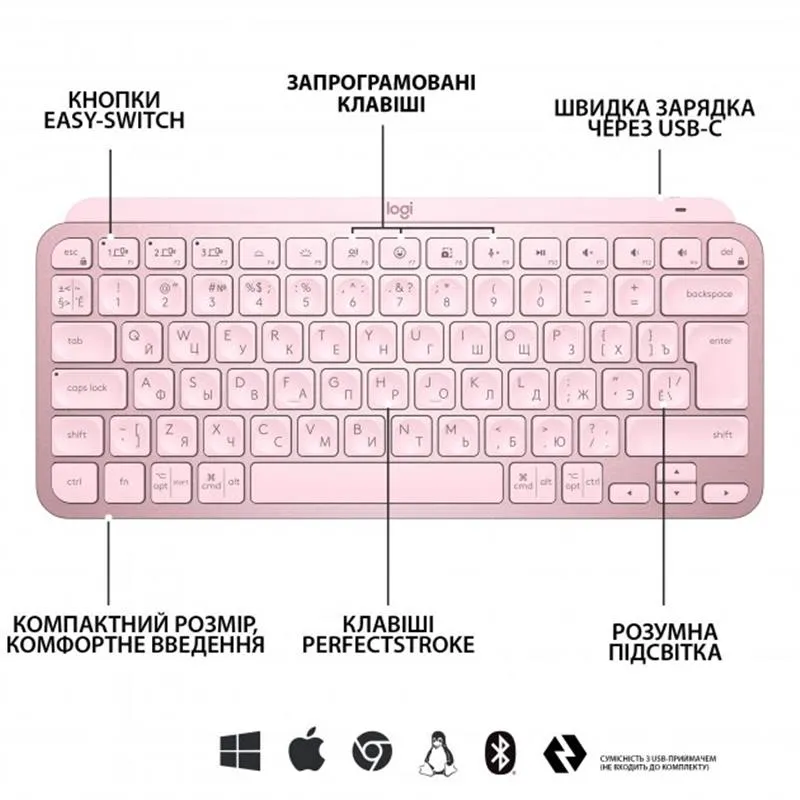 Клавіатура бездротова Logitech MX Keys Mini Wireless Illuminated UA Rose (920-010500) - мініатюра 5