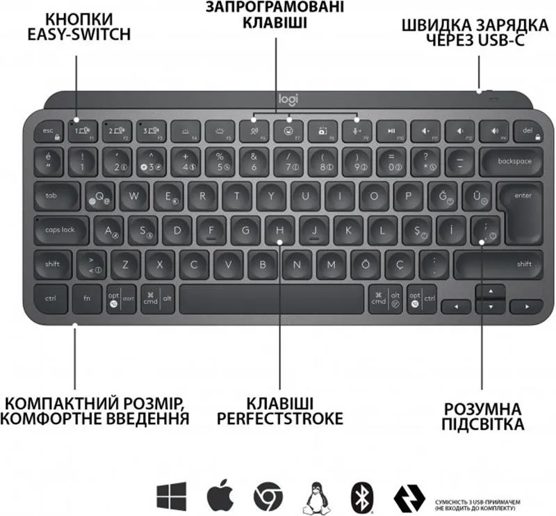 Клавіатура бездротова Logitech MX Keys Mini Wireless Illuminated Graphite (920-010498) - мініатюра 5
