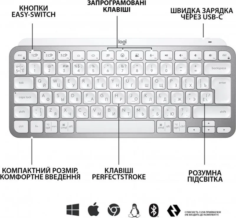 Клавіатура бездротова Logitech MX Keys Mini Wireless Illuminated UA Pale Gray (920-010499) - мініатюра 6