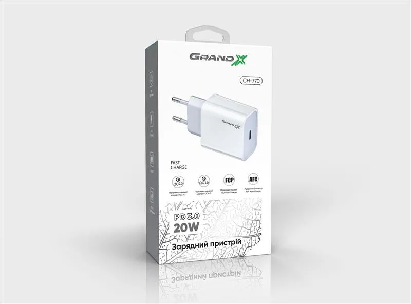 Мережевий зарядний пристрій Grand-X (1xUSB-C 20W) QC4.0, PD 3.0, FCP, AFC White (CH-770) - мініатюра 4