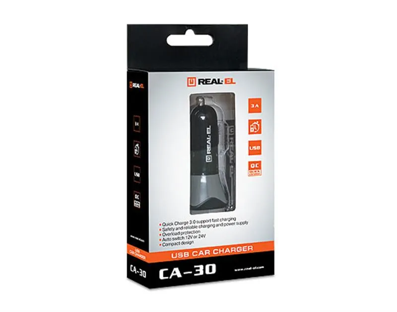 Автомобільний зарядний пристрій REAL-EL CA-30 QC3.0 (1USBx3A) Black/Grey - мініатюра 6