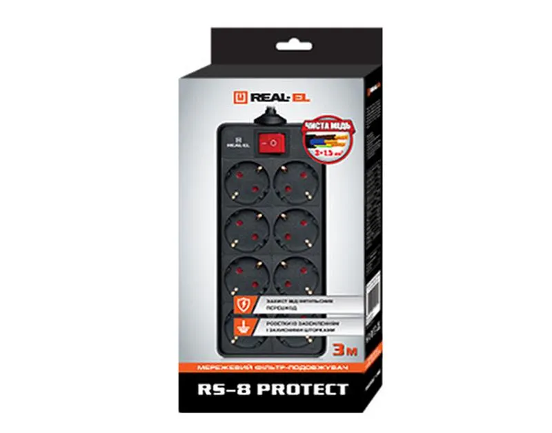Фільтр живлення REAL-EL RS-8 Protect 1.8 м Black - мініатюра 6