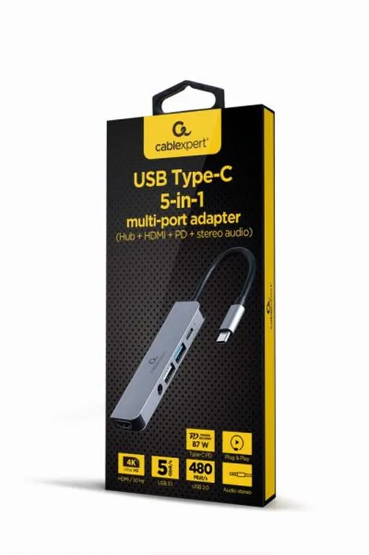 Док-станція Cablexpert USB-C 5-в-1 (A-CM-COMBO5-02) USB/HDMI/PD/Аудіо 3,5 - зображення 1