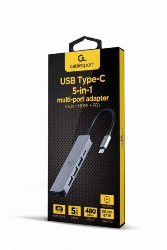 Док-станція Cablexpert USB-C 5-в-1 (A-CM-COMBO5-03) USB/HDMI/PD - зображення 1