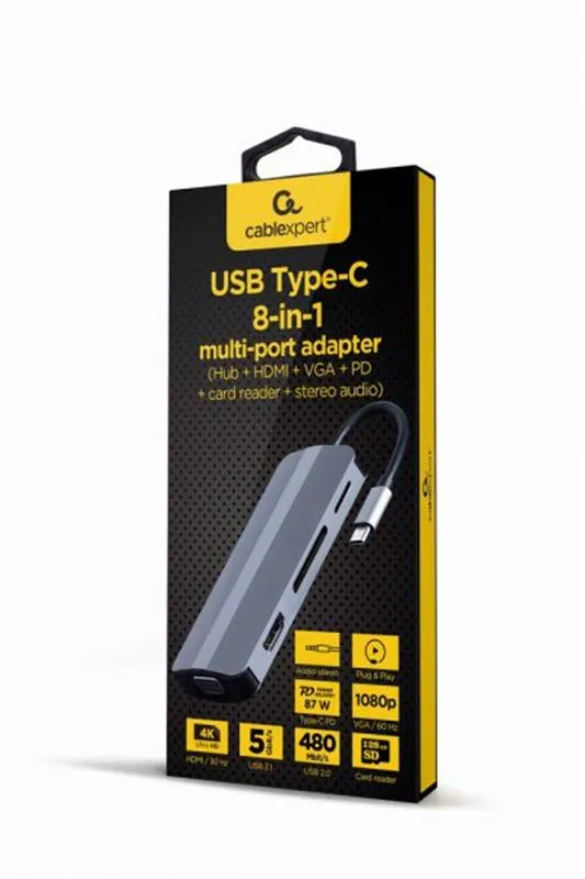 Док-станція Cablexpert USB-C 8-в-1 (A-CM-COMBO8-02) USB 3.0/HDMI//VGA/PD/картридер/стерео-аудіо - мініатюра 2