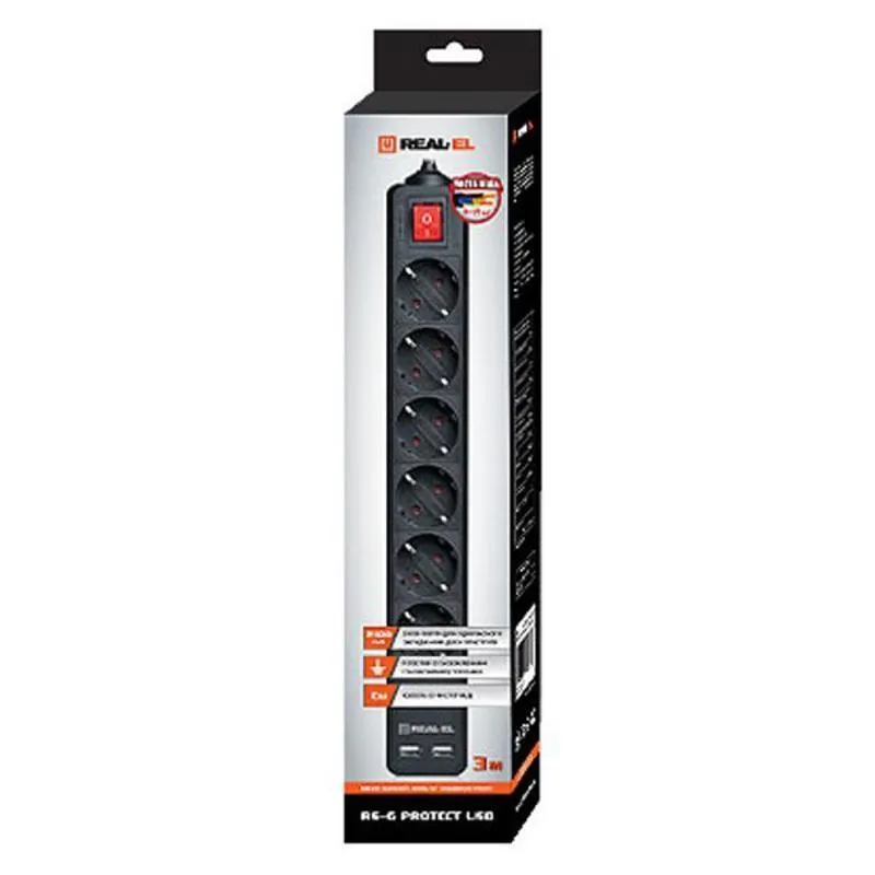 Фільтр живлення REAL-EL RS-6 Protect USB 3m Black - мініатюра 7