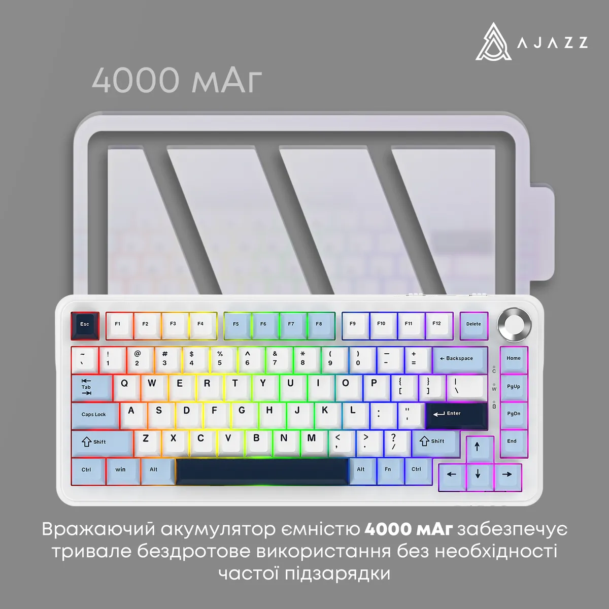 Клавіатура механічна бездротова Ajazz AK820 MAX PLUS Daydream Switch RGB Wireless/BT/USB White - мініатюра 7