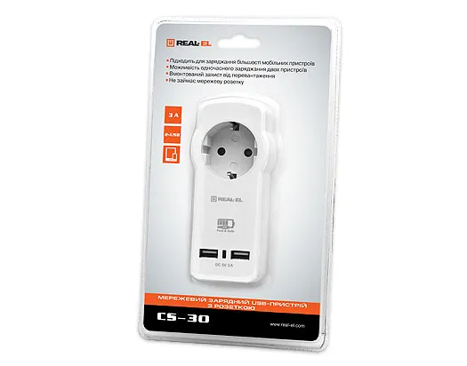 Мережевий зарядний пристрій з розеткою REAL-EL CS-30 (2USB, 3.1A) White - зображення 1