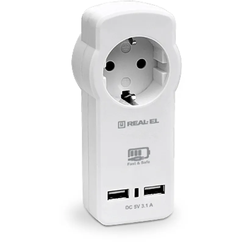 Мережевий зарядний пристрій з розеткою REAL-EL CS-30 (2USB, 3.1A) White - мініатюра 2