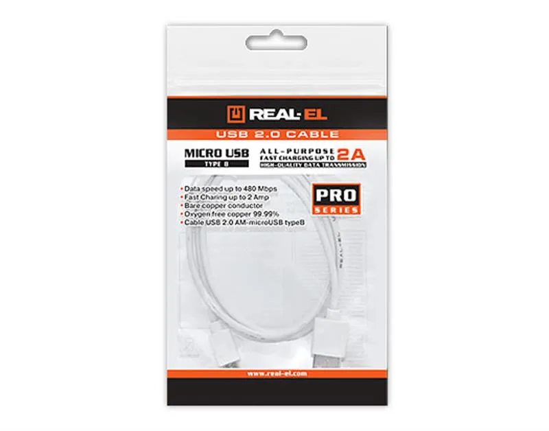 Кабель REAL-EL Pro USB - micro USB V 2.0 (M/M), 0.6 м, білий (EL123500022) - зображення 1