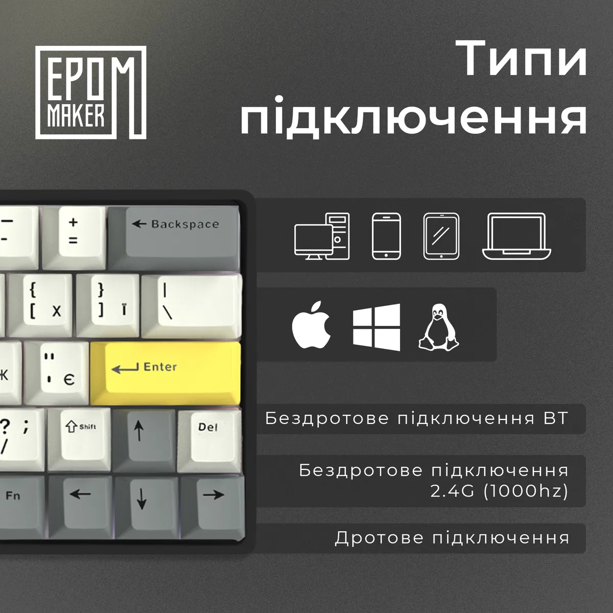 Клавіатура бездротова Epomaker EP64 60% Mulan Switch Hot-Swap (2.4G/BT/USB) RGB UA Black (EP64-B-M) - мініатюра 8
