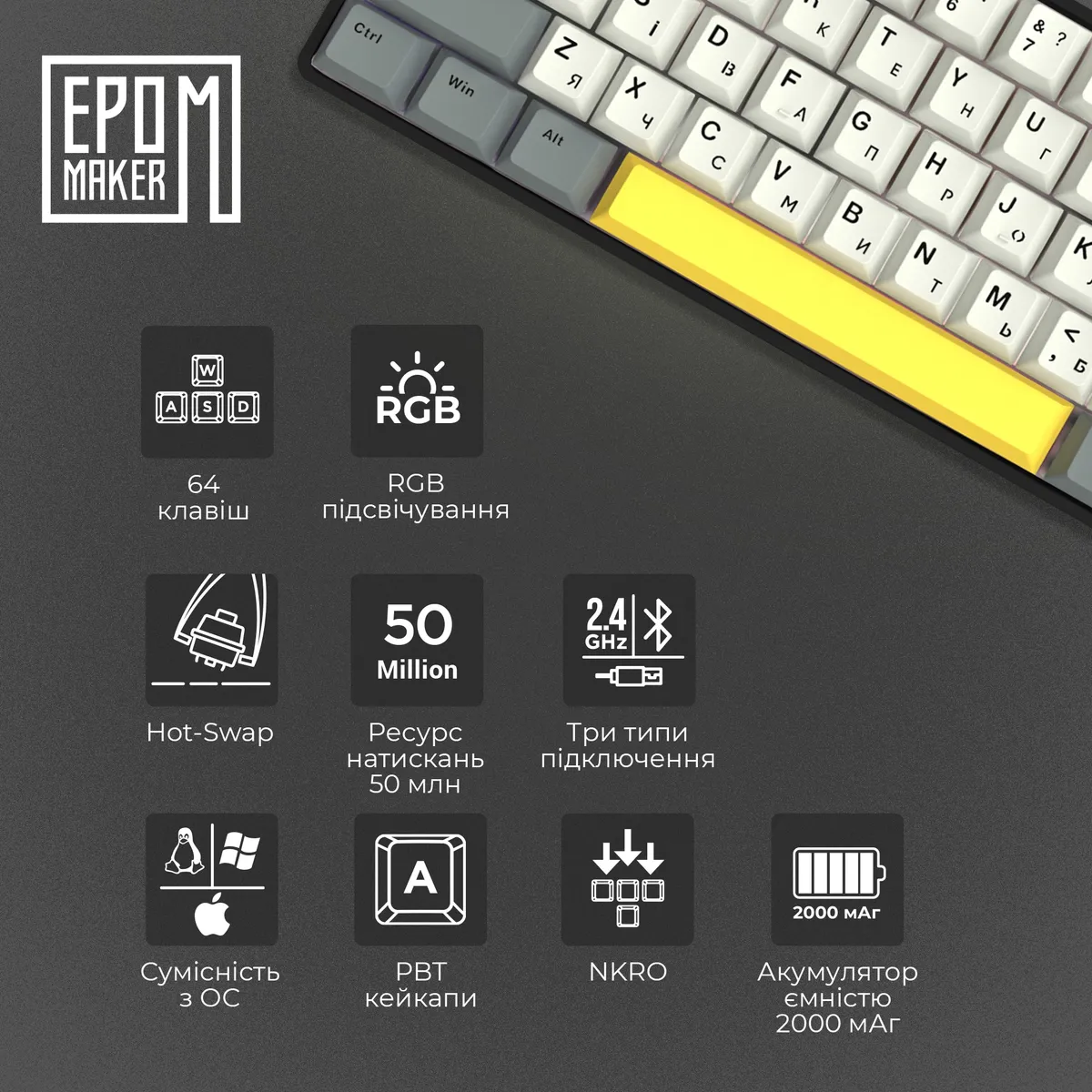 Клавіатура бездротова Epomaker EP64 60% Mulan Switch Hot-Swap (2.4G/BT/USB) RGB UA Black (EP64-B-M) - мініатюра 9