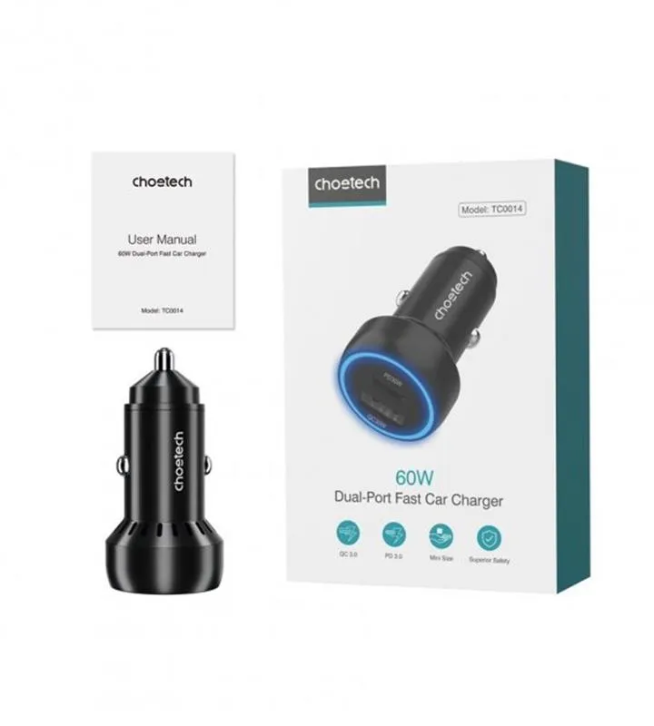 Автомобільний зарядний пристрій Choetech (1USB Type C; 1USB) 60W PD3.0 QC3.0 Black (TC0014) - мініатюра 4