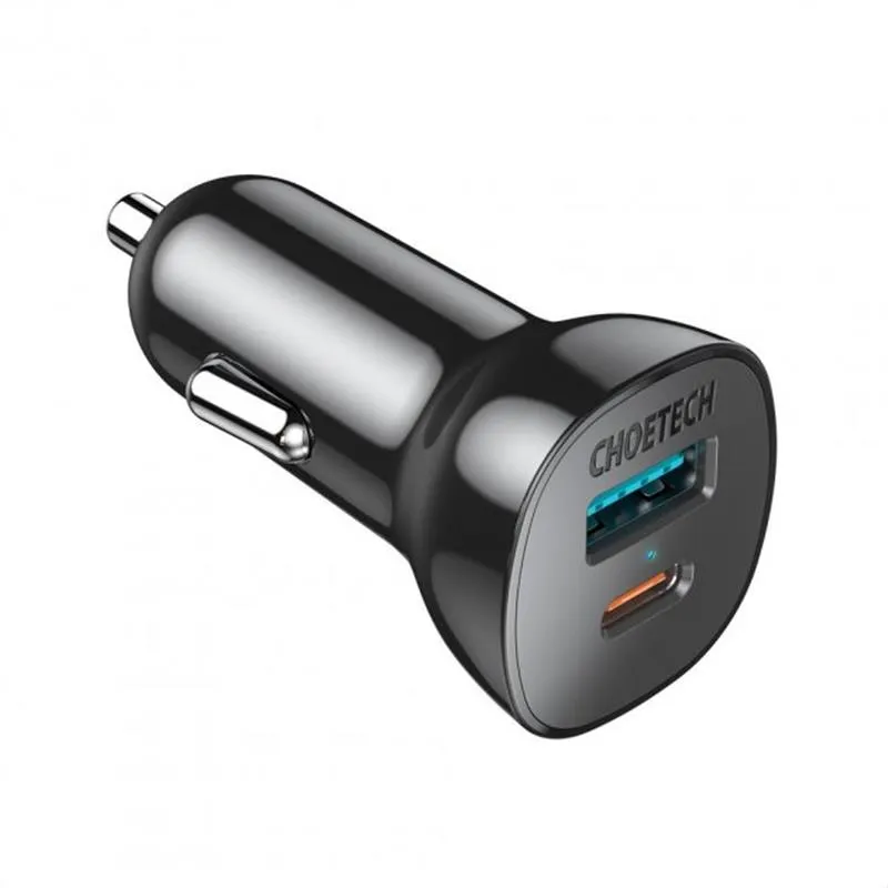 Автомобільний зарядний пристрій Choetech (1USB Type C; 1USB) 38W PD3.0 QC3.0 Black (TC0005) - зображення 1