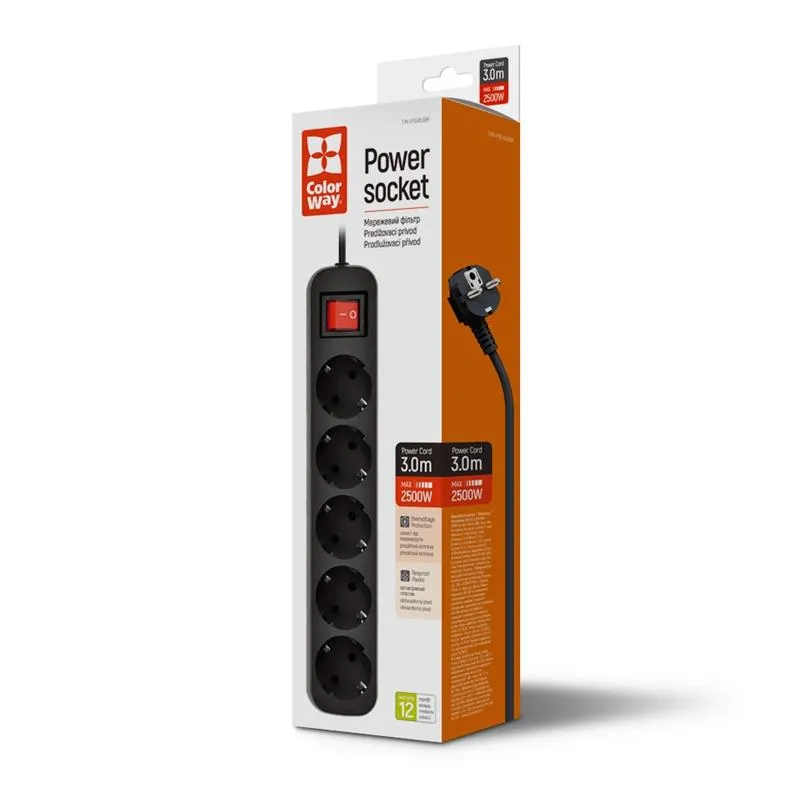 Фільтр живлення СolorWay (CW-PSEA53BK) 5 розеток, 3м, Black - мініатюра 2