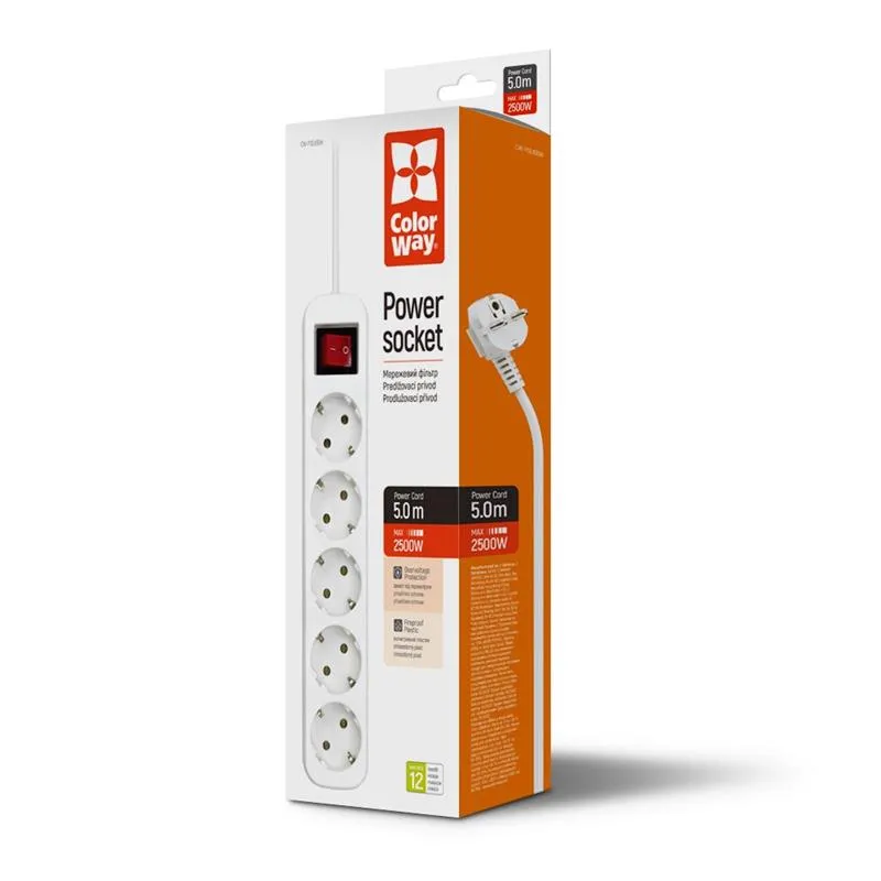 Фільтр живлення СolorWay (CW-PSEA55W) 5 розеток, 5м, White - мініатюра 2