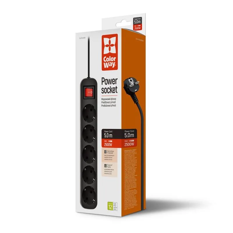 Фільтр живлення СolorWay (CW-PSEA55BK) 5 розеток, 5м, Black - мініатюра 2