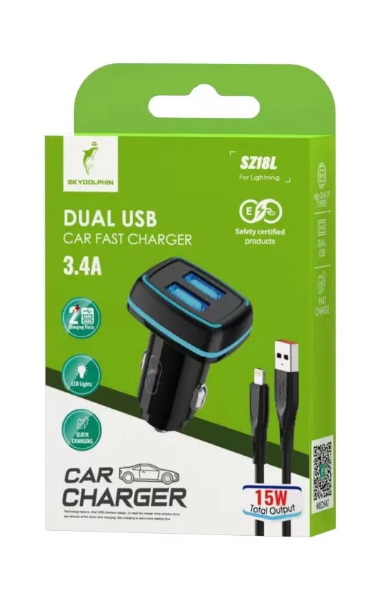 Автомобільний зарядний пристрій SkyDolphin SZ18L (2USB, 3.4A) Black (AZP-000099) + кабель Lightning - мініатюра 2