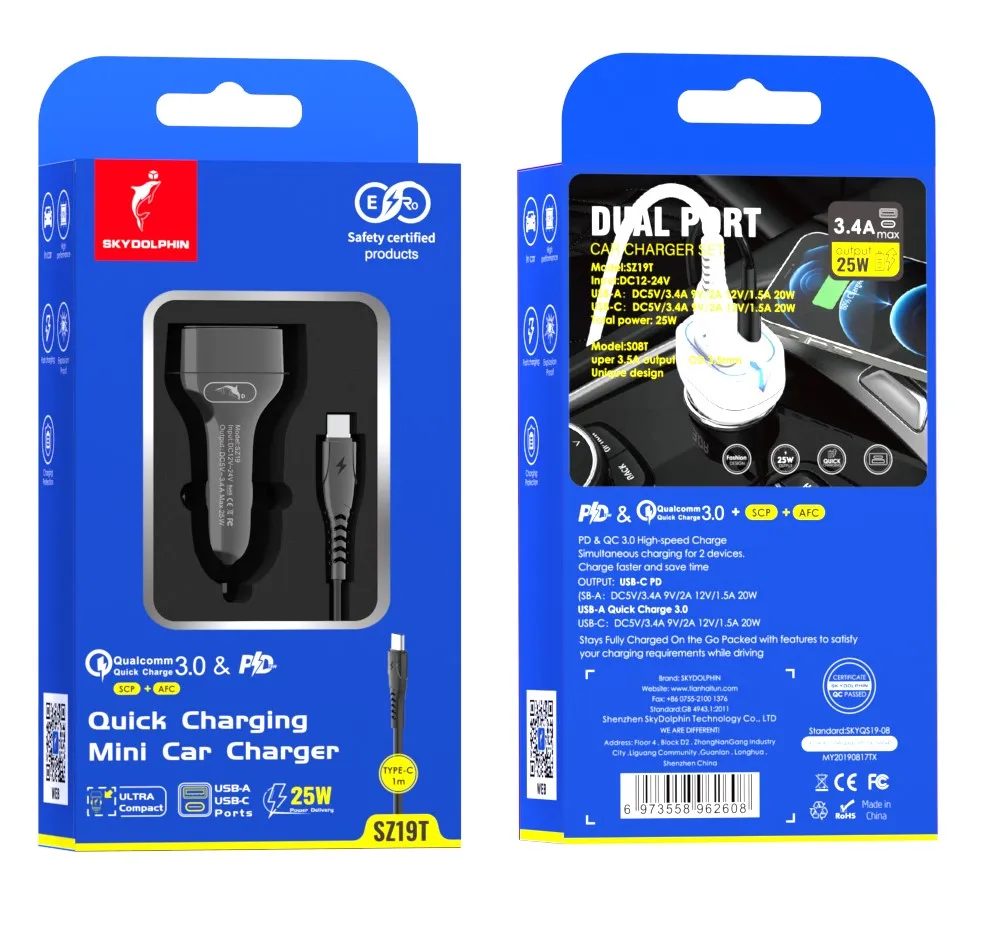 Автомобільний зарядний пристрій SkyDolphin SZ19T PD 20W + QC3.0 20W Black (AZP-000104) + кабель Type-C - мініатюра 2