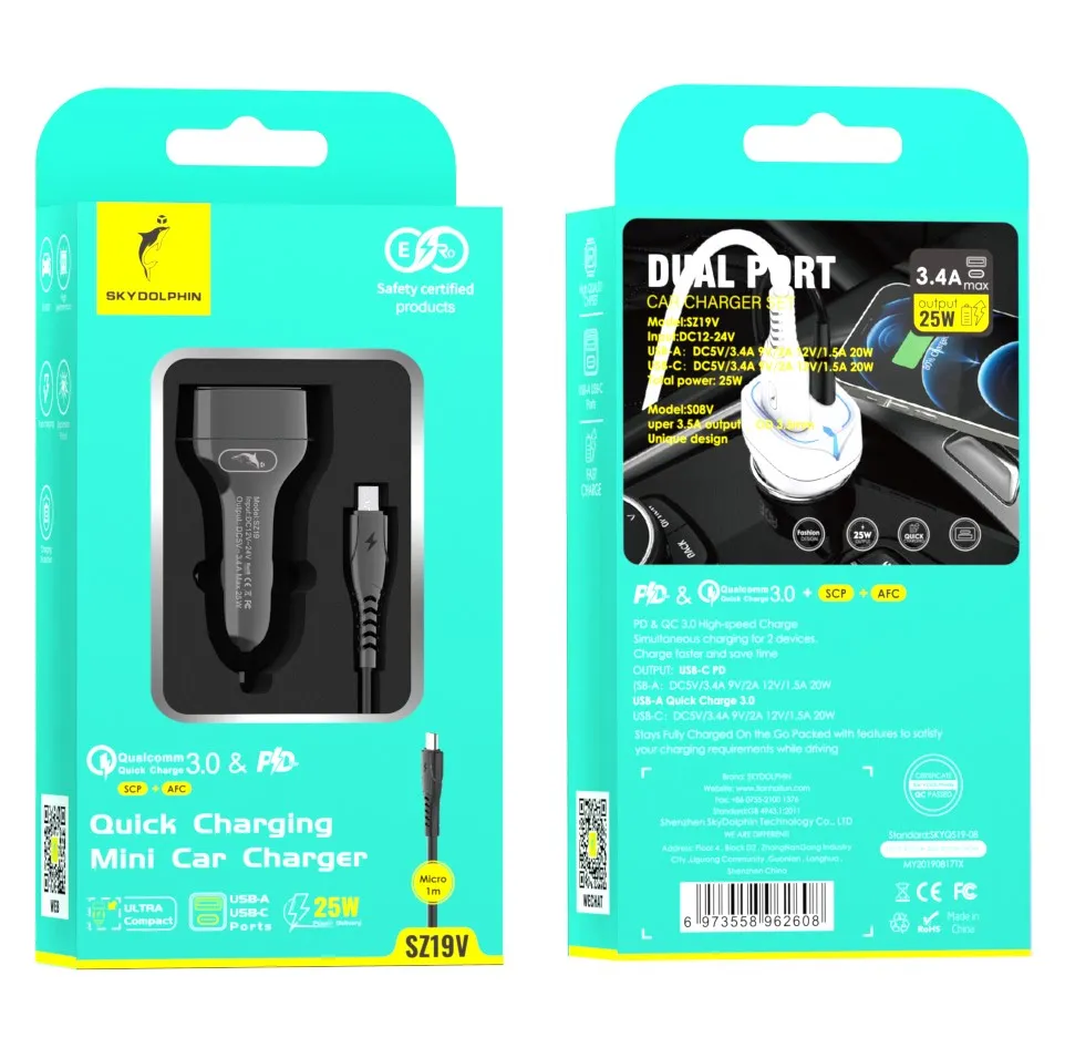 Автомобільний зарядний пристрій SkyDolphin SZ19V PD 20W + QC3.0 20W Black (AZP-000105) + кабель microUSB - мініатюра 2