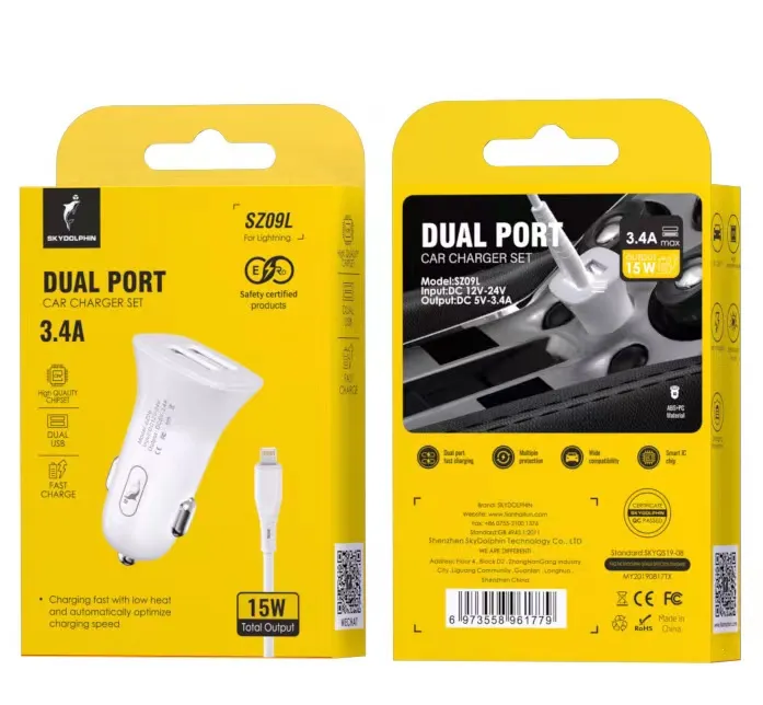 Автомобільний зарядний пристрій SkyDolphin SZ09L (2USB, 3.4A) White (AZP-000108) + кабель Lightning - мініатюра 2