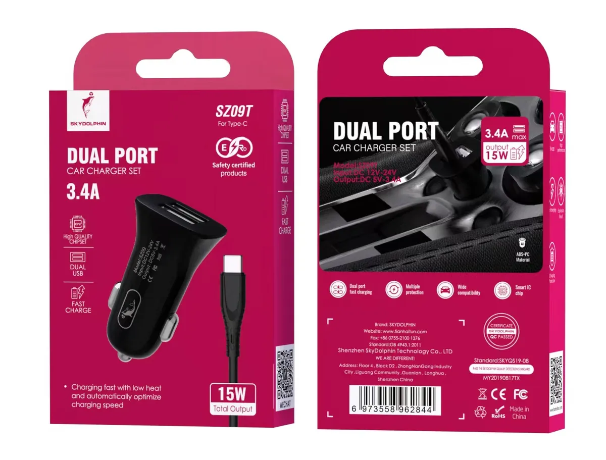 Автомобільний зарядний пристрій SkyDolphin SZ09T (2USB, 3.4A) Black (AZP-000110) + кабель Type-C - мініатюра 2