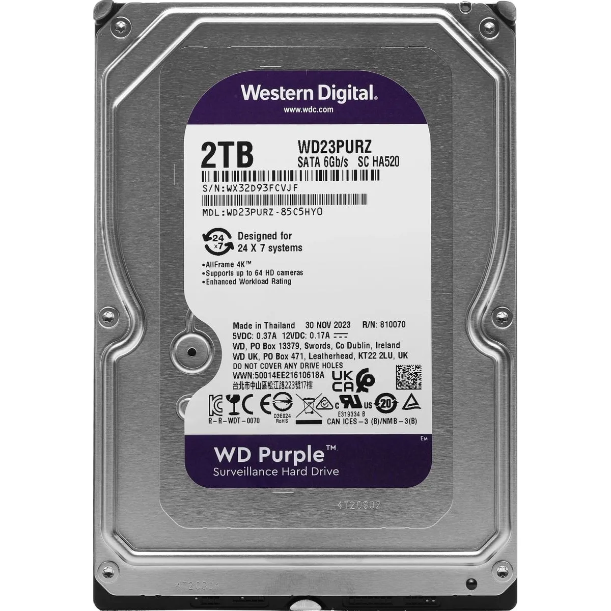 Накопичувач HDD SATA 2.0TB WD Purple 5400rpm 64MB (WD23PURZ) - мініатюра 3