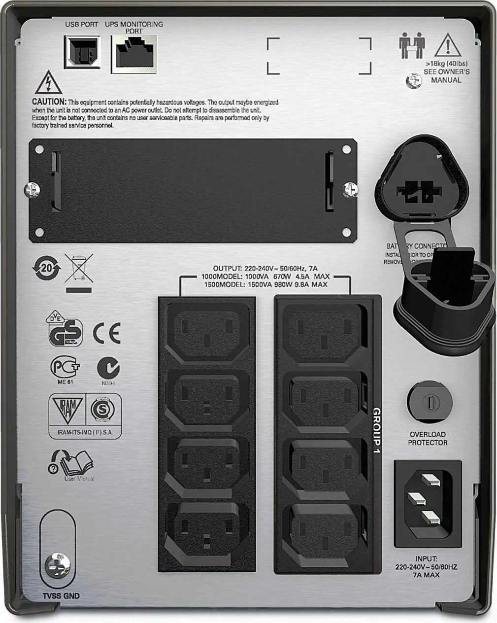 Джерело безперебійного живлення APC Smart-UPS 1500VA LCD, Lin.int., AVR, 8 х IEC, SmartSlot, USB, RJ-45, метал (SMT 1500I) - мініатюра 8