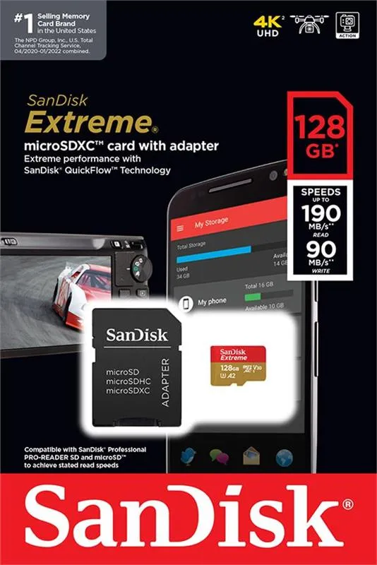 Карта пам`ятi MicroSDXC 128GB C10 UHS-I SanDisk Extreme V30 U3 R190/W90MB/s + SD (SDSQXAA-128G-GN6MA) - мініатюра 3