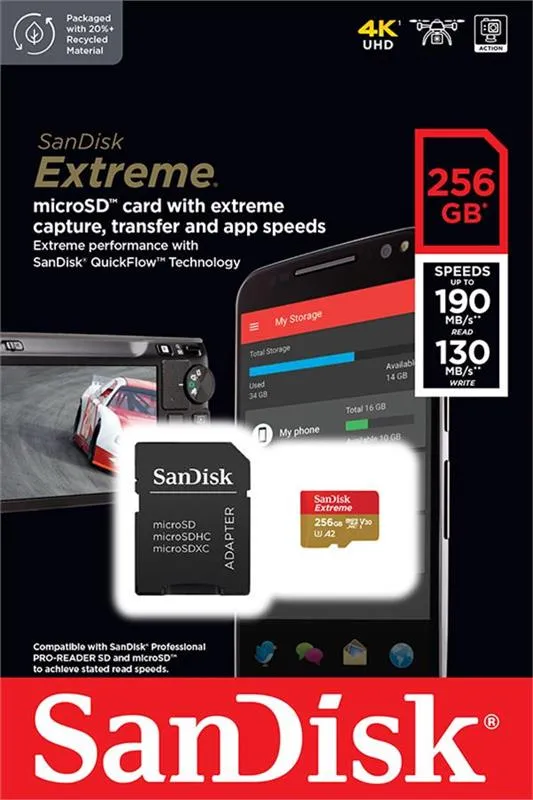 Карта пам`ятi MicroSDXC 256GB C10 UHS-I SanDisk Extreme V30 U3 R190/W130MB/s + SD (SDSQXAV-256G-GN6MA) - мініатюра 4