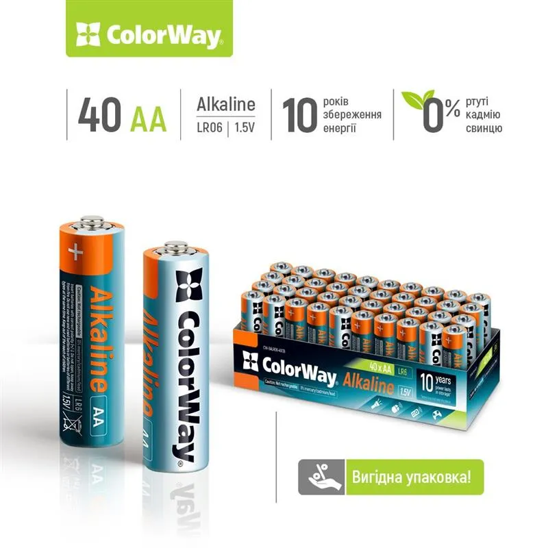 Батарейка ColorWay Alkaline Power AA/LR06 Colour Box 40шт - мініатюра 2