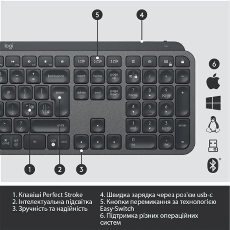 Клавіатура бездротова Logitech MX Keys Advanced for Business Wireless Illuminated UA Graphite (920-010251) - мініатюра 7
