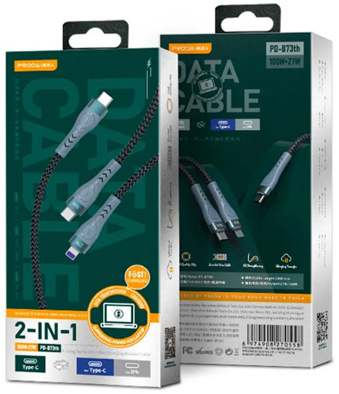 Кабель Proda PD-B73th USB Type C - USB Type-C + Lightning (M/M), 5 А, 1.3 м, Black (PD-B73th-BK) - зображення 1