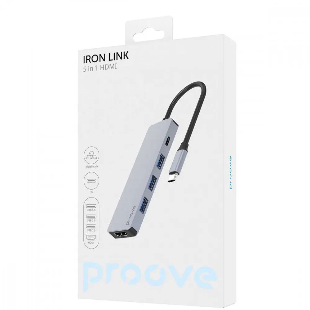 Type-C-Хаб Proove Iron Link 5 in 1 (3*USB3.0 + Type C + HDMI) (silver) - мініатюра 2