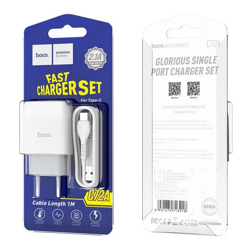 Зарядний пристрій Hoco C72A Glorious (1USB, 2.1А) White (6931474713018) + кабель Type-C - мініатюра 8