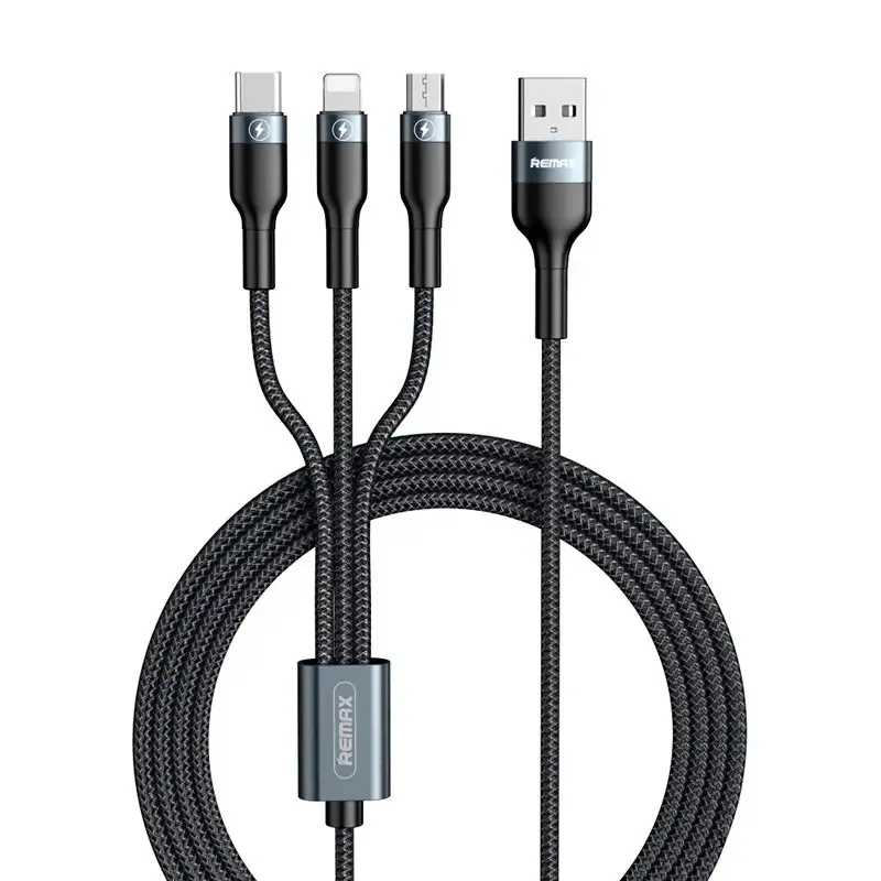 Кабель Remax RC-186th SPEED Combo 3-in-1 USB - Lightning + micro USB + USB Type-C (M/M), 2.1 A, 1.2 м, Black (2000700011052) - зображення 1