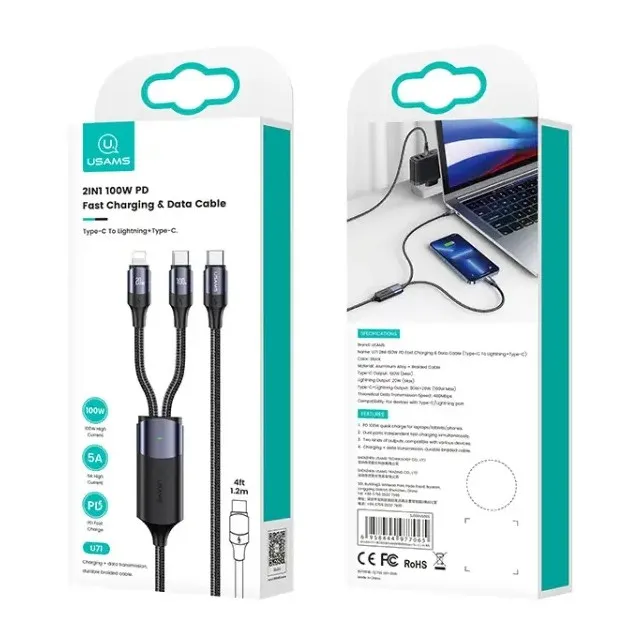 Кабель Usams US-SJ550 U71 USB Type-C - Lightning + USB Type-C (M/M), 100W, 1.2 м, Black (6958444977065) - мініатюра 2
