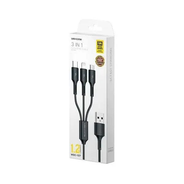 Кабель WK WDC-137 Upine Series 3-in-1 USB - Lightning + micro USB + USB Type-C (M/M), 1.2 м, Black (6941027616284) - мініатюра 2