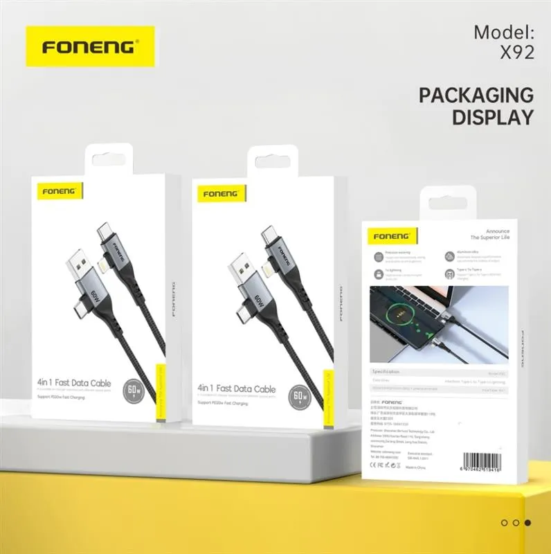 Кабель Foneng X92 4-in-1 (60W) USB/USB-C - USB-C/Lightning (M/M), 1 м, Black (X92-CA-FIO) - мініатюра 6