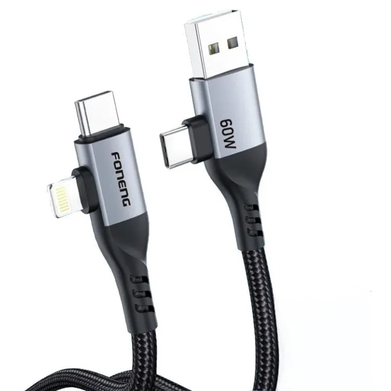 Кабель Foneng X92 4-in-1 (60W) USB/USB-C - USB-C/Lightning (M/M), 1 м, Black (X92-CA-FIO) - мініатюра 7