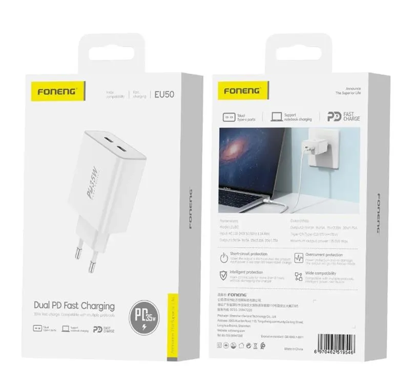 Мережевий зарядний пристрій Foneng EU50 PD35W Fast Charger (2USBх3A) White (EU50-CH) - мініатюра 2