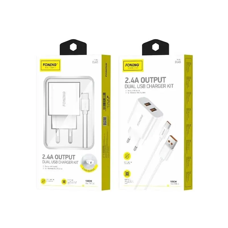 Мережевий зарядний пристрій Foneng EU45 Dual USB Charger (2USBх2.4A) White (EU45-CH-TC) + кабель USB Type C - мініатюра 2