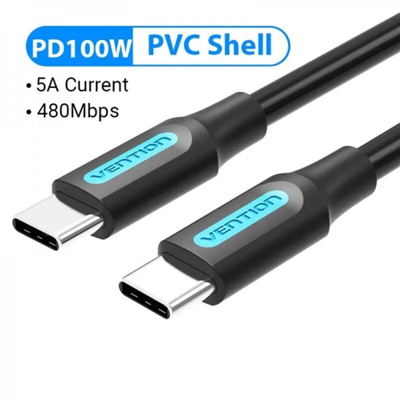 Кабель Vention USB Type-C - USB Type-C (M/M), TPE Round PD 100 W, 5 A, 1.5 м, Black (COTBG) - зображення 1