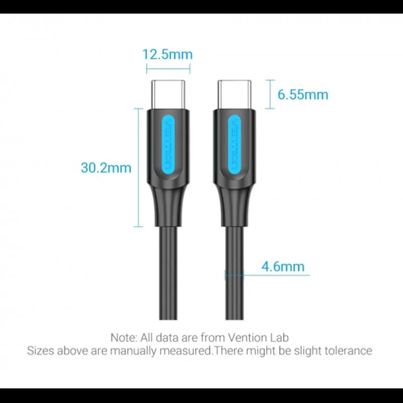 Кабель Vention USB Type-C - USB Type-C (M/M), TPE Round PD 100 W, 5 A, 1.5 м, Black (COTBG) - мініатюра 3