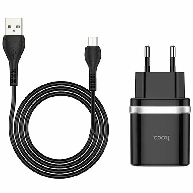 Мережевий зарядний пристрій Hoco C12Q (1USB, 3А) QC3.0 Black (S23567) + кабель MicroUSB - зображення 1