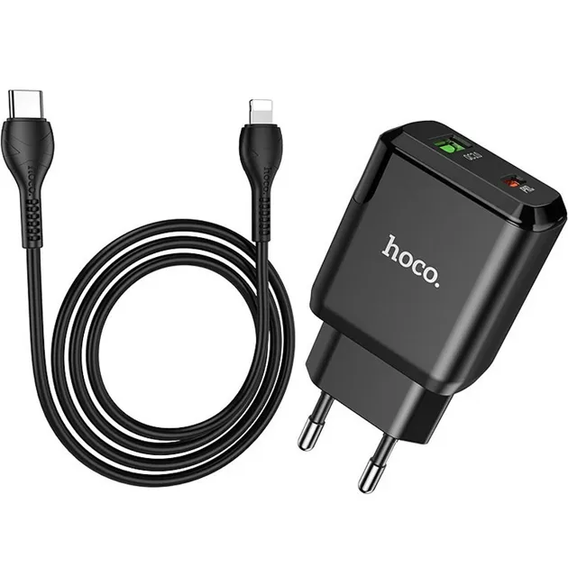 Мережевий зарядний пристрій Hoco N5 (1USB 3A QC3.0 + 1 PD Type-C) Black (S25719) + кабель Lightning - зображення 1
