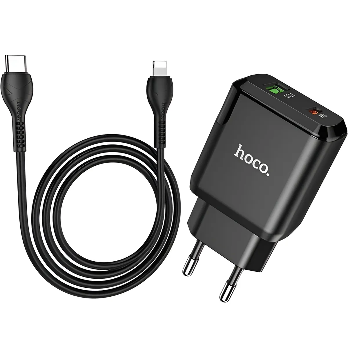 Мережевий зарядний пристрій Hoco N5 (1USB 3A QC3.0 + 1 PD Type-C) Black (S25719) + кабель Lightning - мініатюра 2
