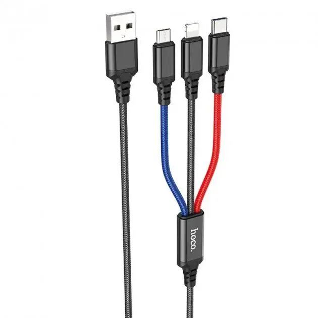 Кабель Hoco X76 Super Charging 3in1 USB - Lightning/micro USB/USB-C (M/M), 2A, 1 м, Black/Red/Blue (K25610) - зображення 1