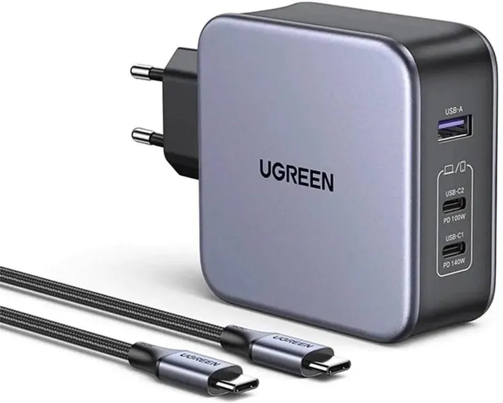 Зарядний пристрій Ugreen CD289 GaN 140W Gray + кабель Type-C 1.5 м (90549) - зображення 1